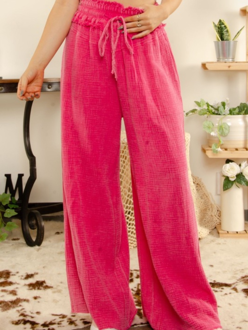 Wide Leg Drawstring Pants in Hot Pink L/XL